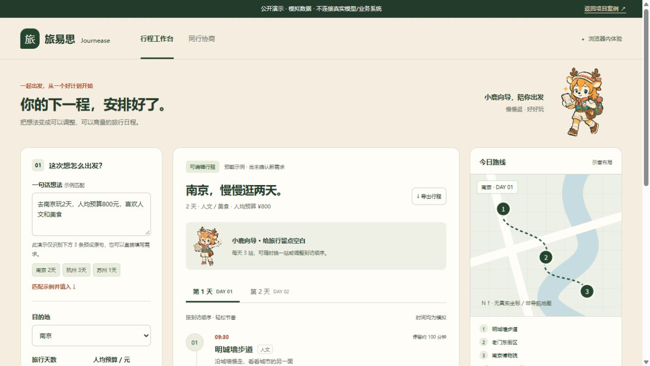 旅易思小鹿 IP 与目的地、预算、天数和偏好输入